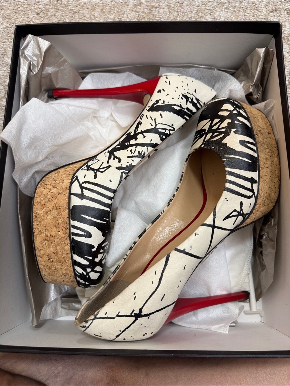 Giuseppe Zanotti Black & White Abstract Platform Pumps with Red Heel